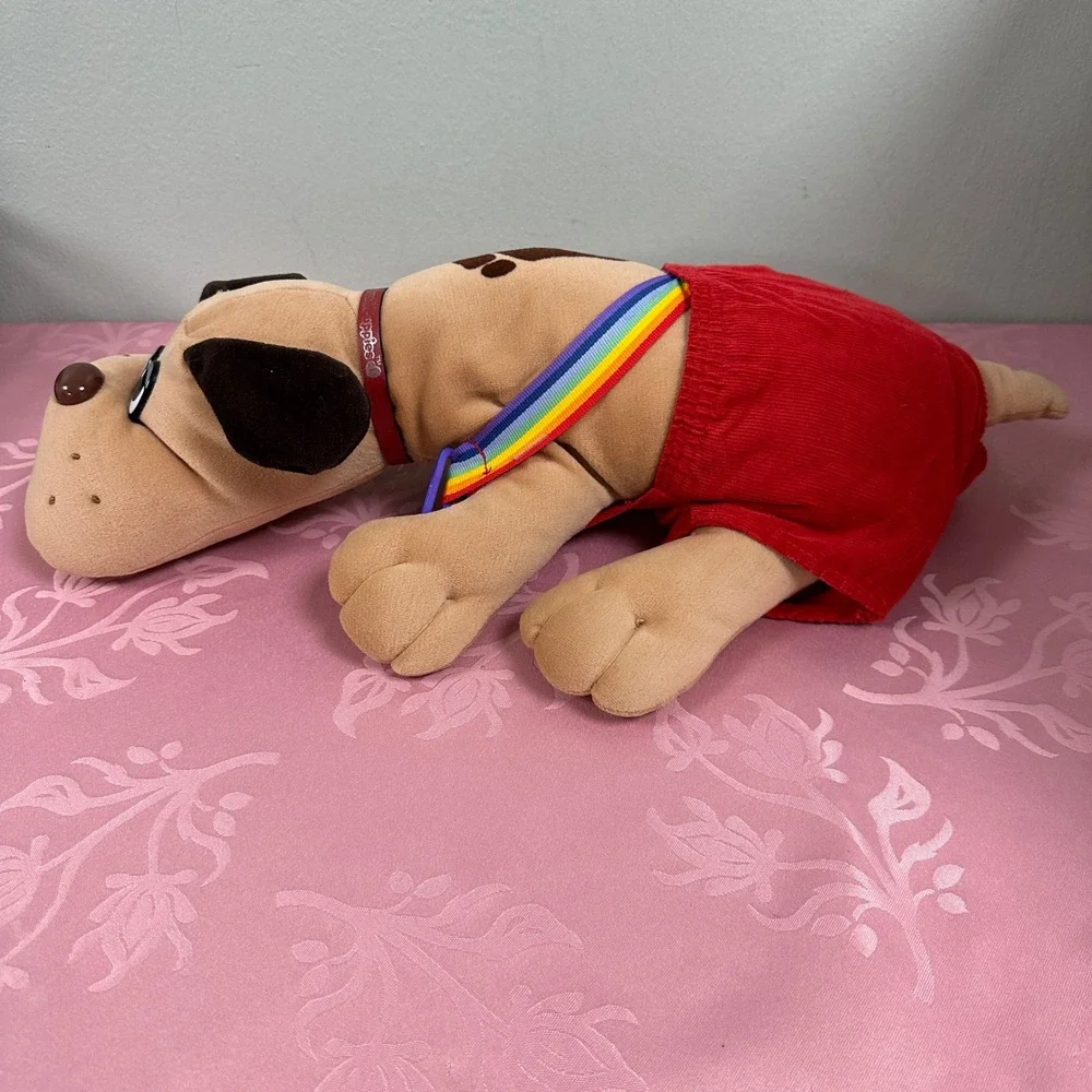 Vintage 1985 Tonka Pound Puppies Tan Plush Dog Red Rainbow Overalls 17 inch